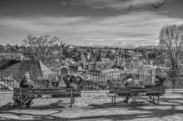 Enjoying Midday Sun At  Europapromenade - Berne Street People in Black And White - HDR
